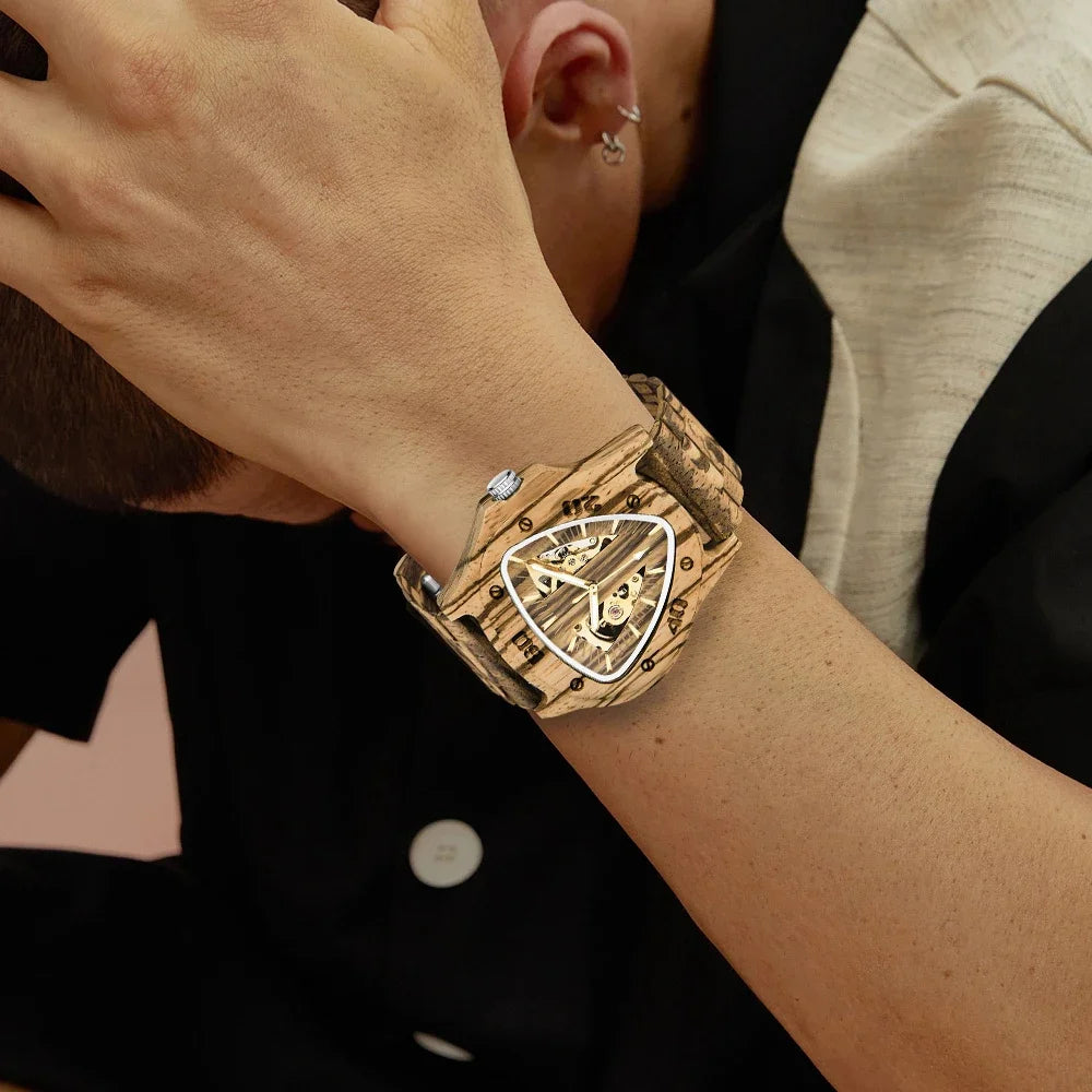 2025 new men’s wooden hollow mechanical watch triangle unique design fashionable business fashion accessory - wood watch