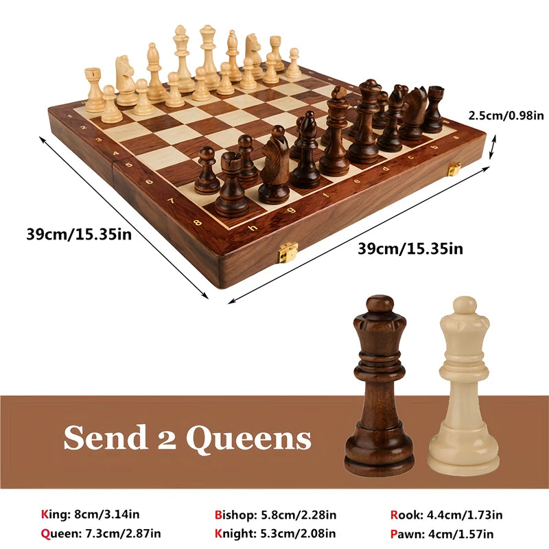 Chess solid wood folding 39cm/15.35inch- comes with 2 additional queens a high-end chess piece competition