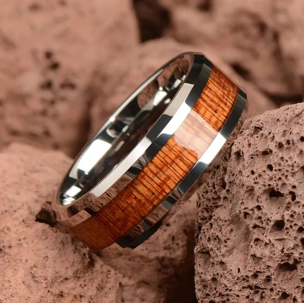 Fashion 8mm men black titanium wedding rings koa wood inlay stainless steel for band anniversary birthday gift - ring