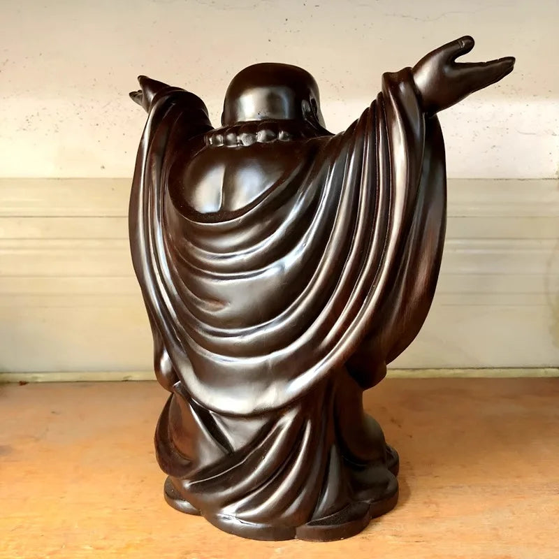 Hand carved ebony wood happy buddha statue figurine - laughing maitreya big belly ornament prosperity fortune home