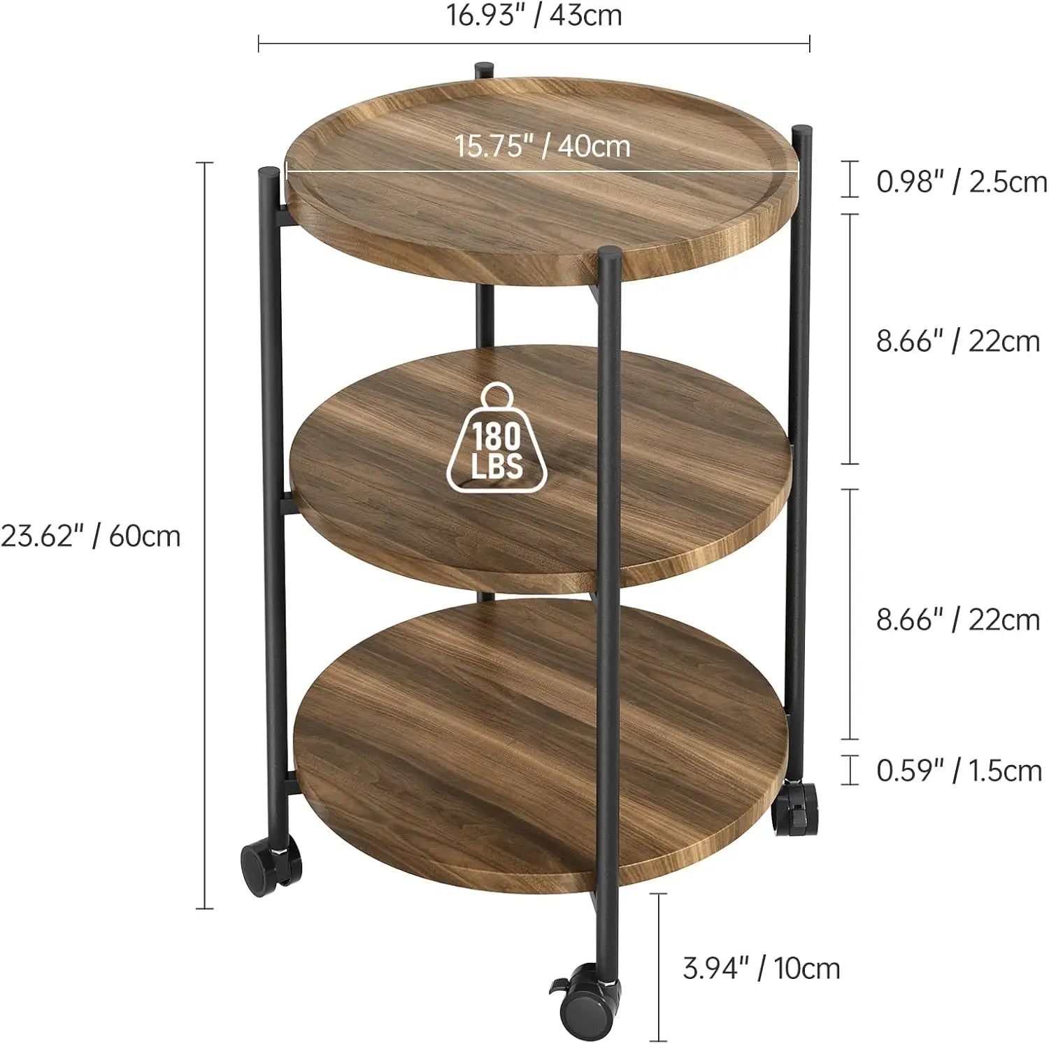 Side table 3-tier modern end with wheels small round nightstand bedside for living room bedroom or spaces-