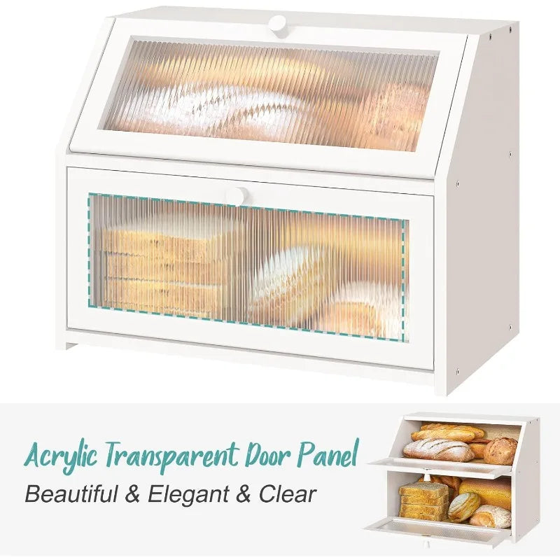 White bread box for kitchen counter large bamboo wood double layer wooden storage capacity - united states