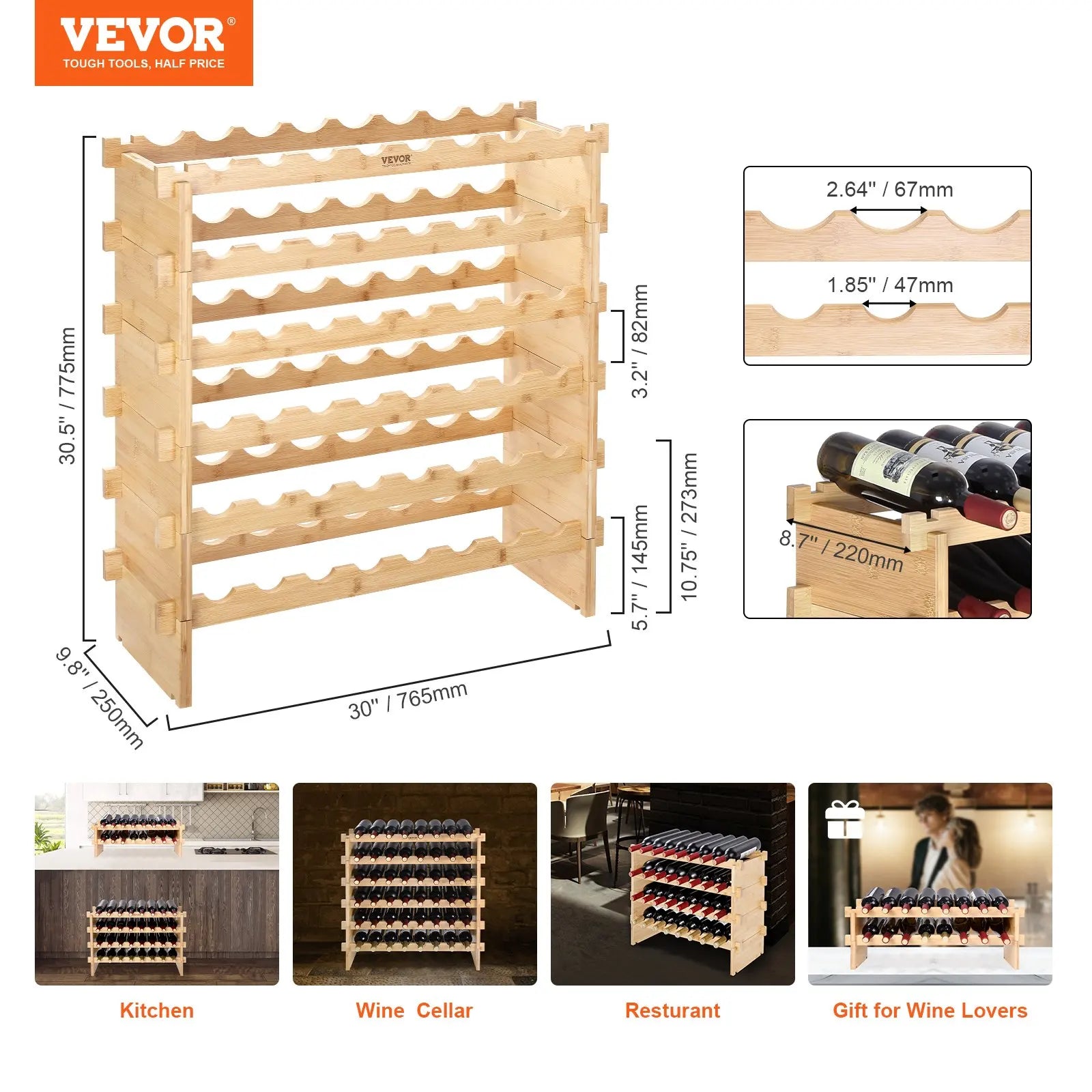 Vevor 18/36/42/48/72bottle stackable modular wine rack free standing storage bamboo holder display shelves cellar - 48