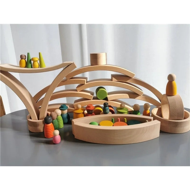 New beech wood arch stacking blocks rainbow bending wooden building timber toys set for kids creative play - game