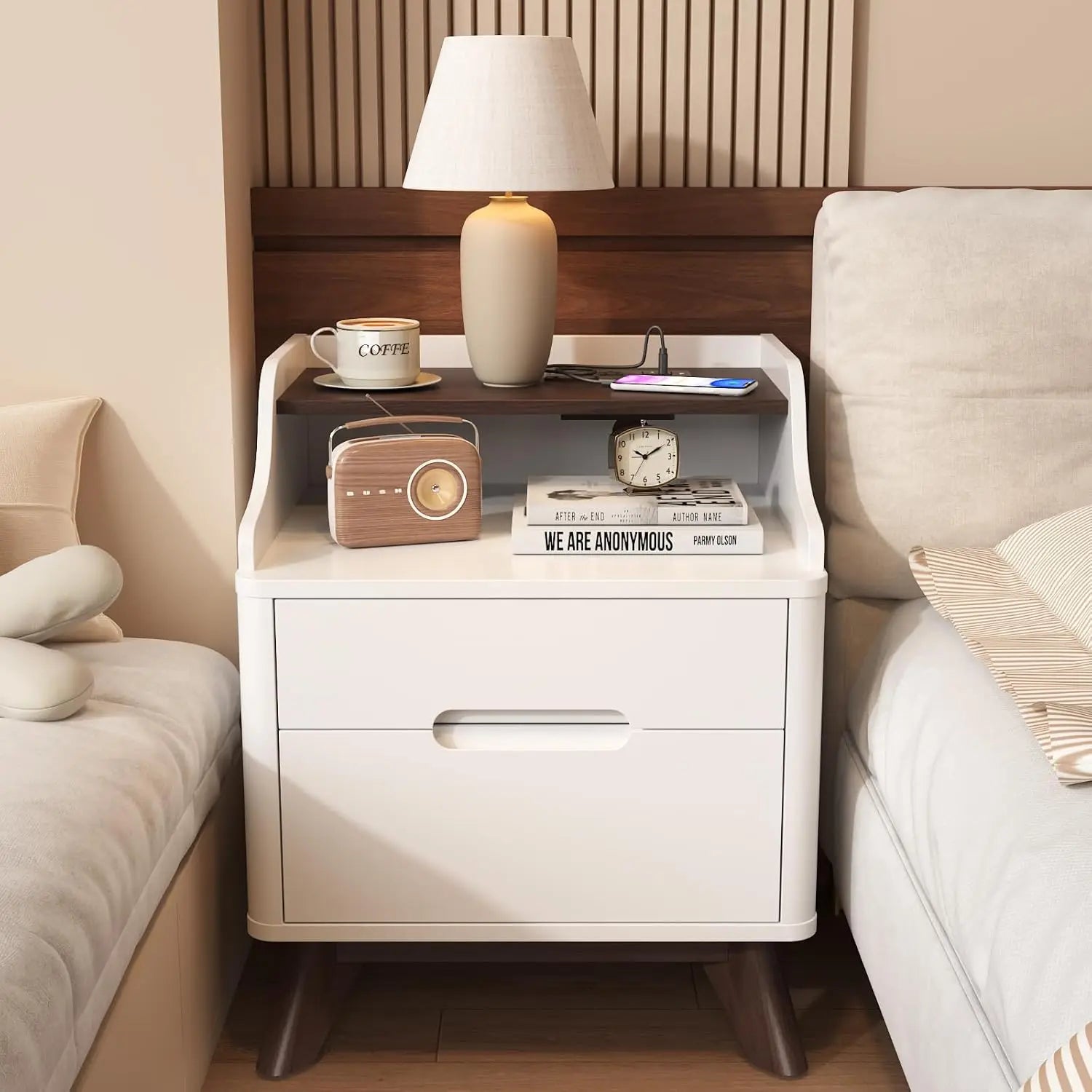 Nightstand with charging station 21’’ tall w/2 storage drawers wood night stand hidden handle 17’’ wide modern - white