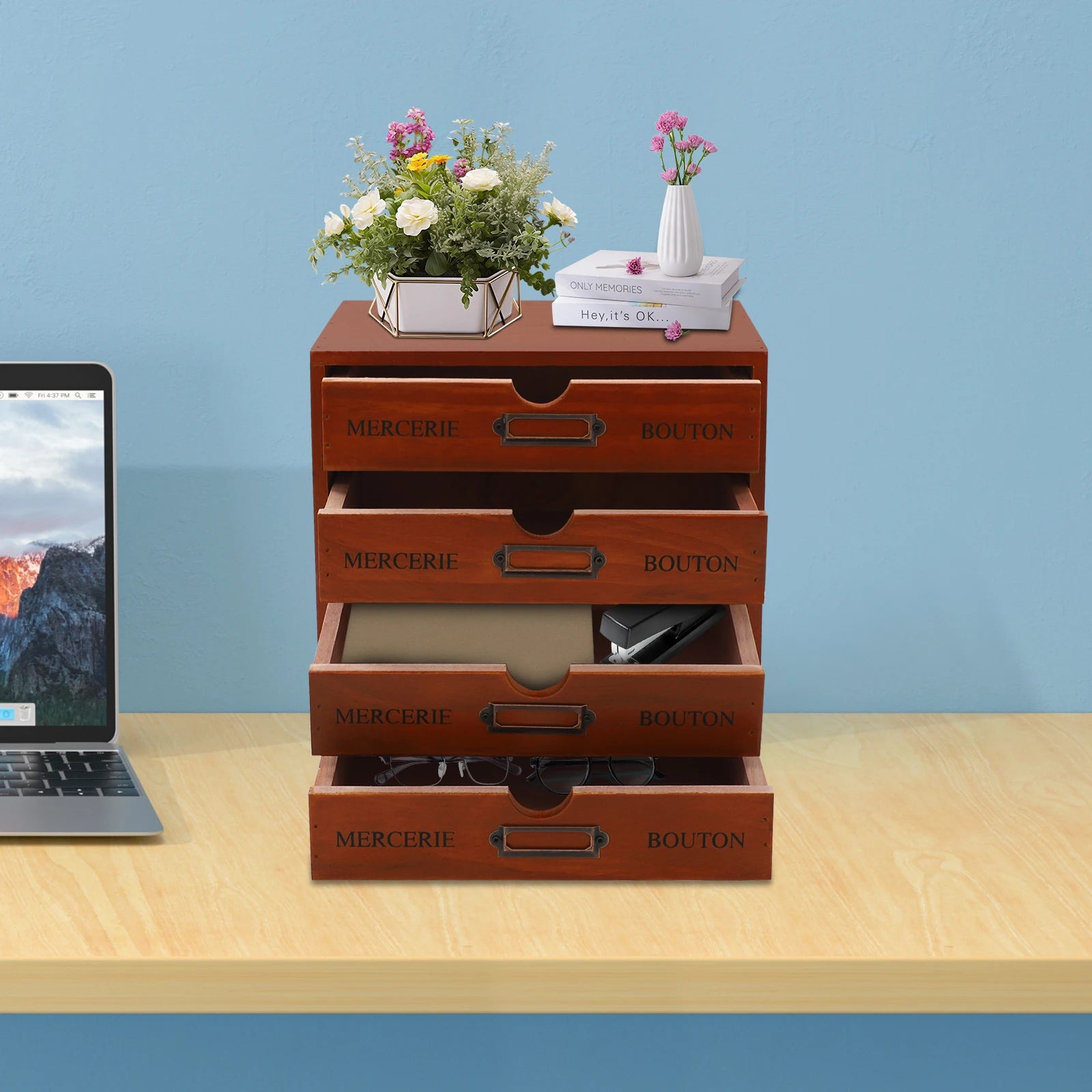 4-drawer vintage wooden organizer mini pine wood storage box desktop space-saving for cosmetics tea stationery - brown