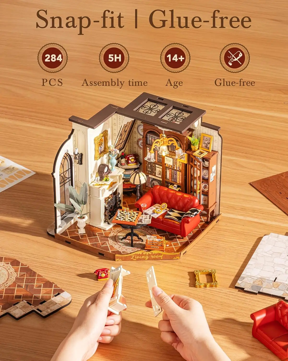Robotime rolife catherine’s living room diy miniature house kit wooden dollhouse model building with led and furniture