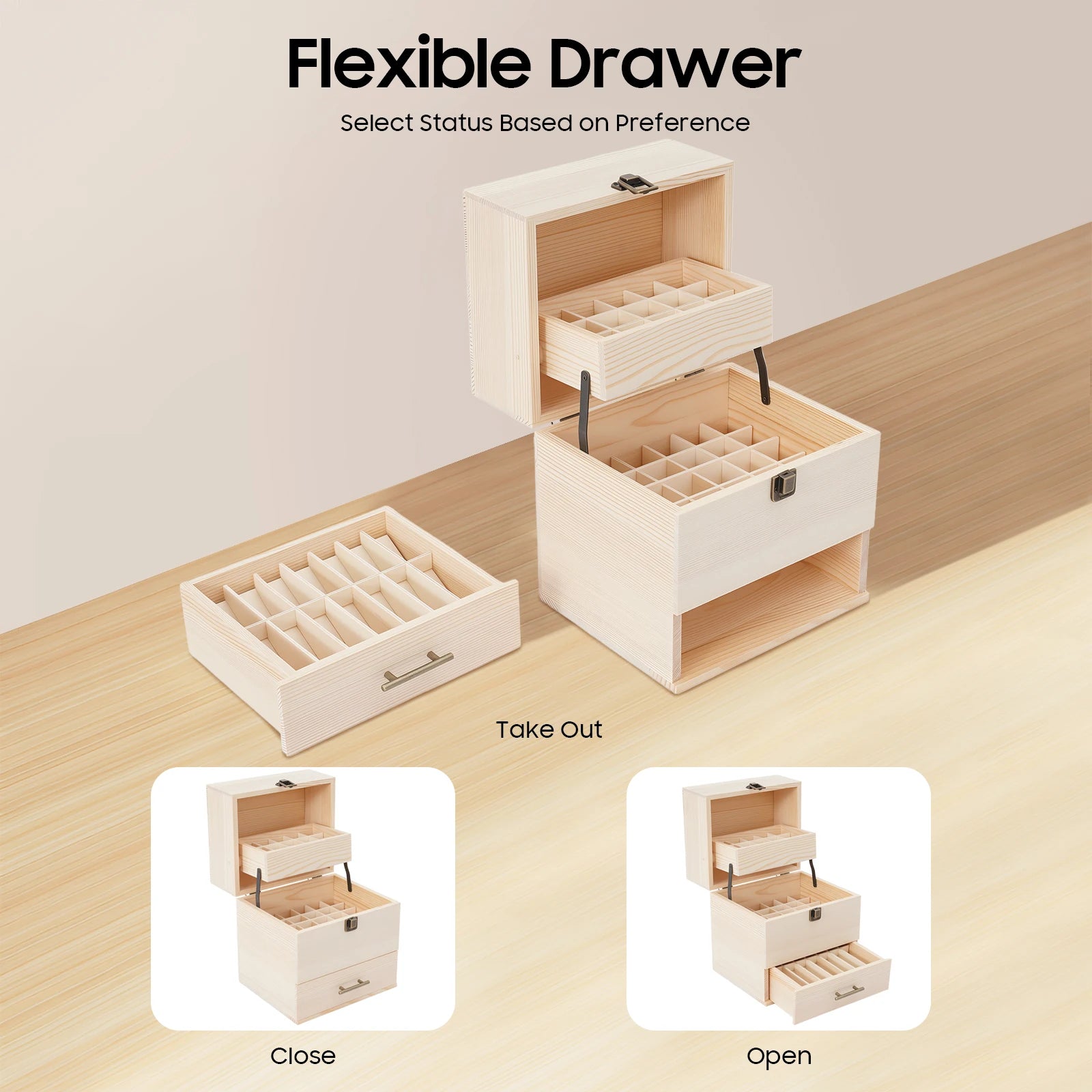 3-tier 59 slots wooden essential oil storage box organizer for 10ml/15ml bottles nail polish cosmetics - khaki / united