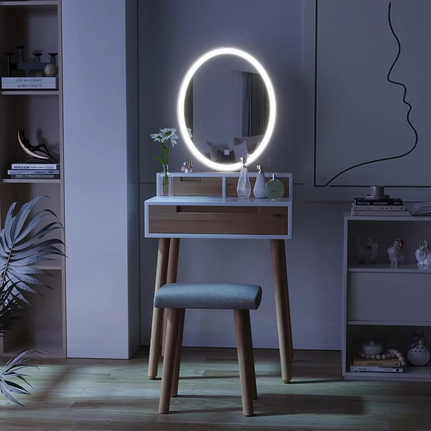 Small makeup vanity desk with lights compact adjustable brightness mirror for spaces dressing - united states