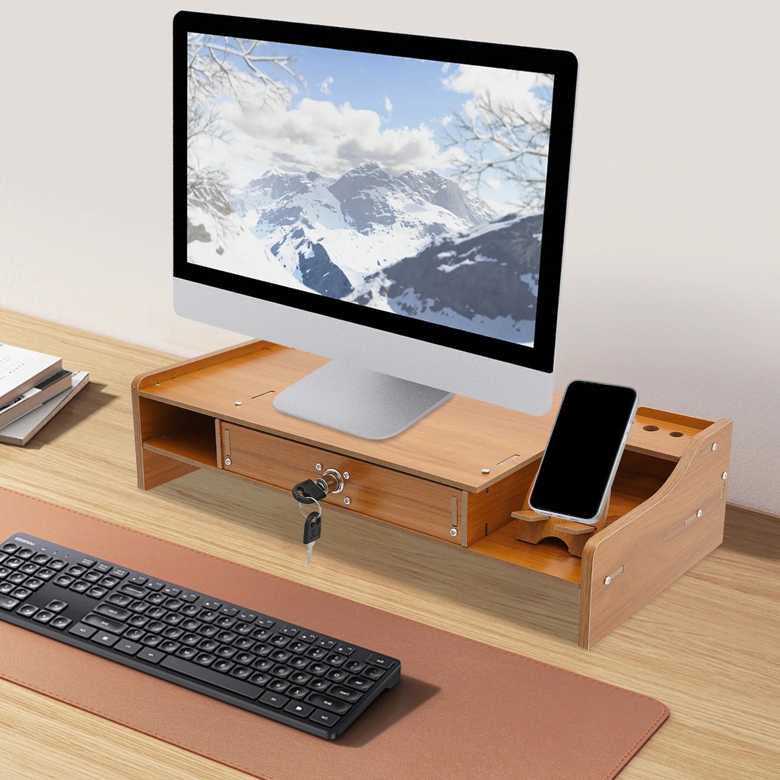 Wood monitor riser with drawer computer/laptop/pc stand for desk organizer