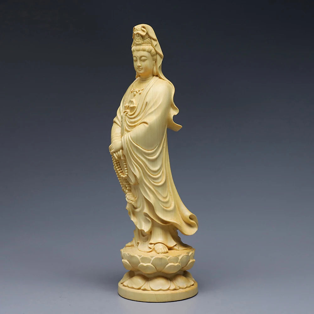 Wood carving avalokitesvara bodhisattva buddha statue boxwood arborvitae figure of home decor crafts offering ornaments