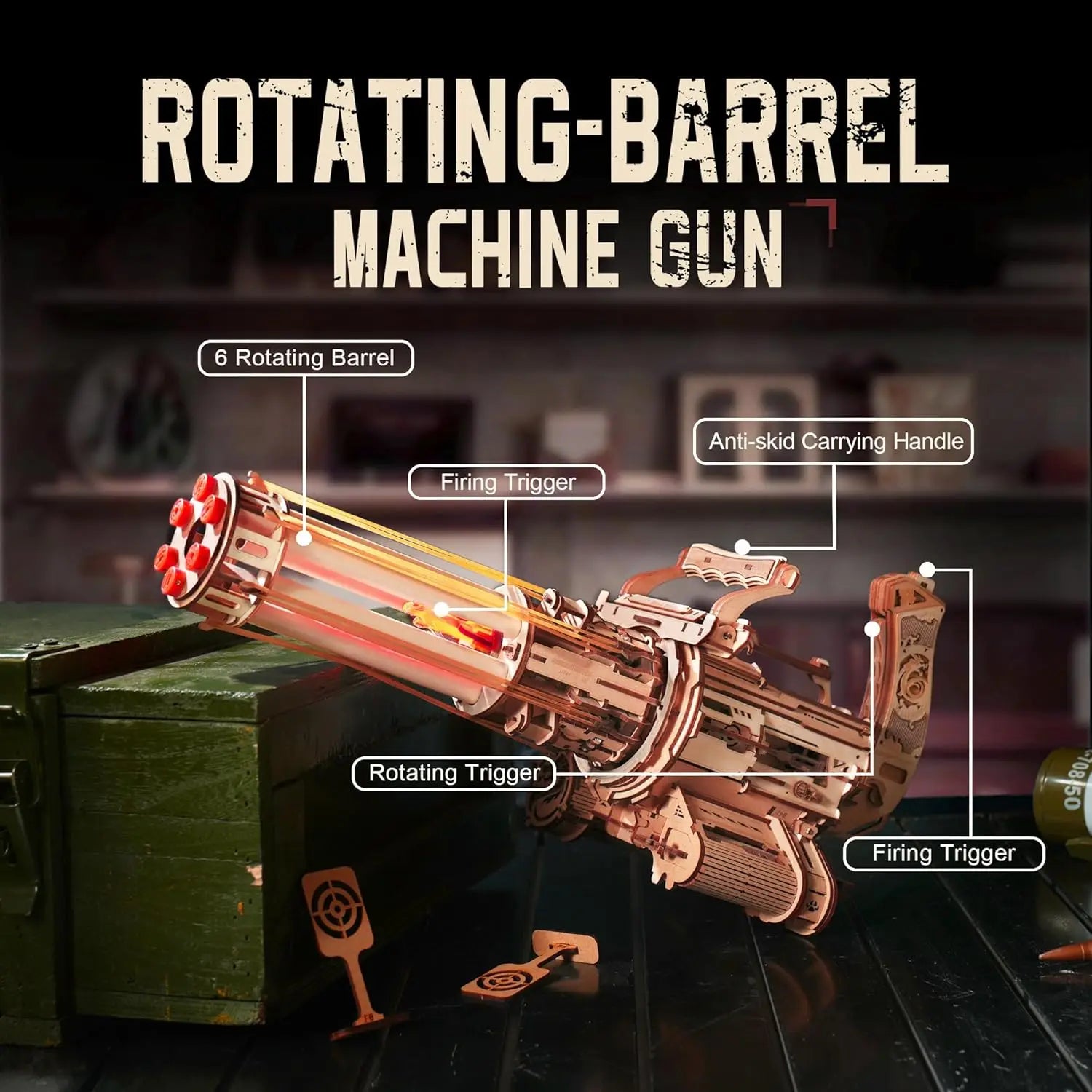 Robotime rokr rotating-barrel machine gun toy model building kit cool toys hobbies 3d wooden puzzle for men women lqa01