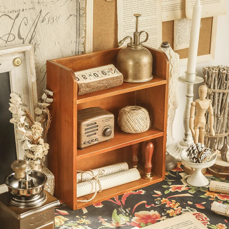 Retro wooden desk storage box multi-layer doll figure display stand desktop drawer type cosmetic jewelry decoration