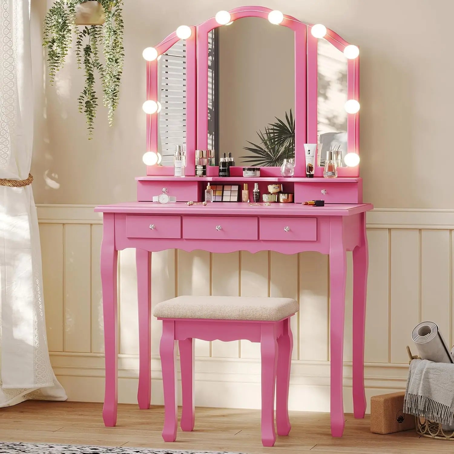 Vanity desk with tri-fold mirror and lights makeup wood upholstered stool 5 drawers & 8 jewelry - united states / pink