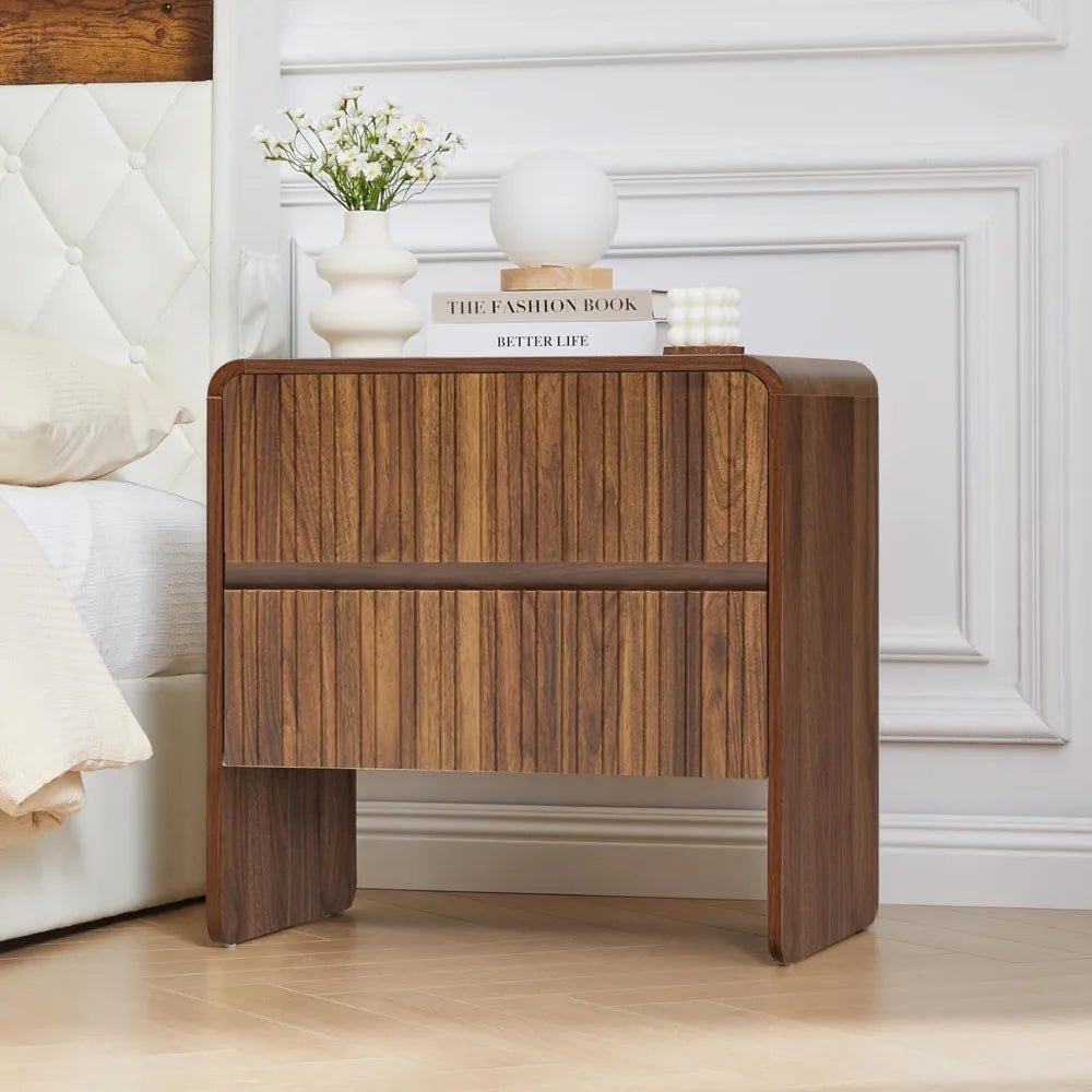 Flute 2 drawer dresser,mid century modern small nightstand with for bedroom wood side table curved profile - 15.8 d x