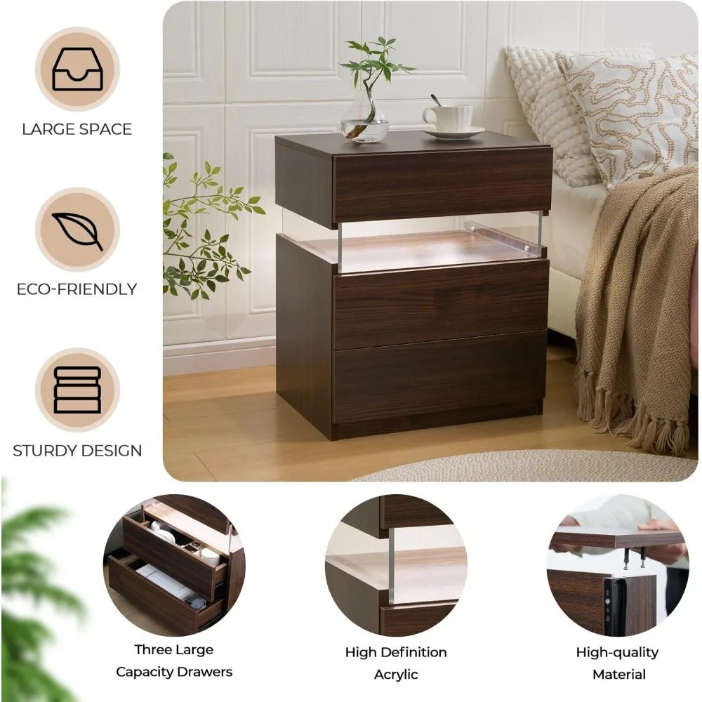 Led nightstand wood for bedroom bedside table with 3 drawers modern side tables - united states / walnut