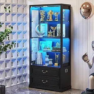 Display cabinet with glass doors,67’’ adjustable shelf 2 drawers and 4 tier curio cabinet,tall bookcase 3 color