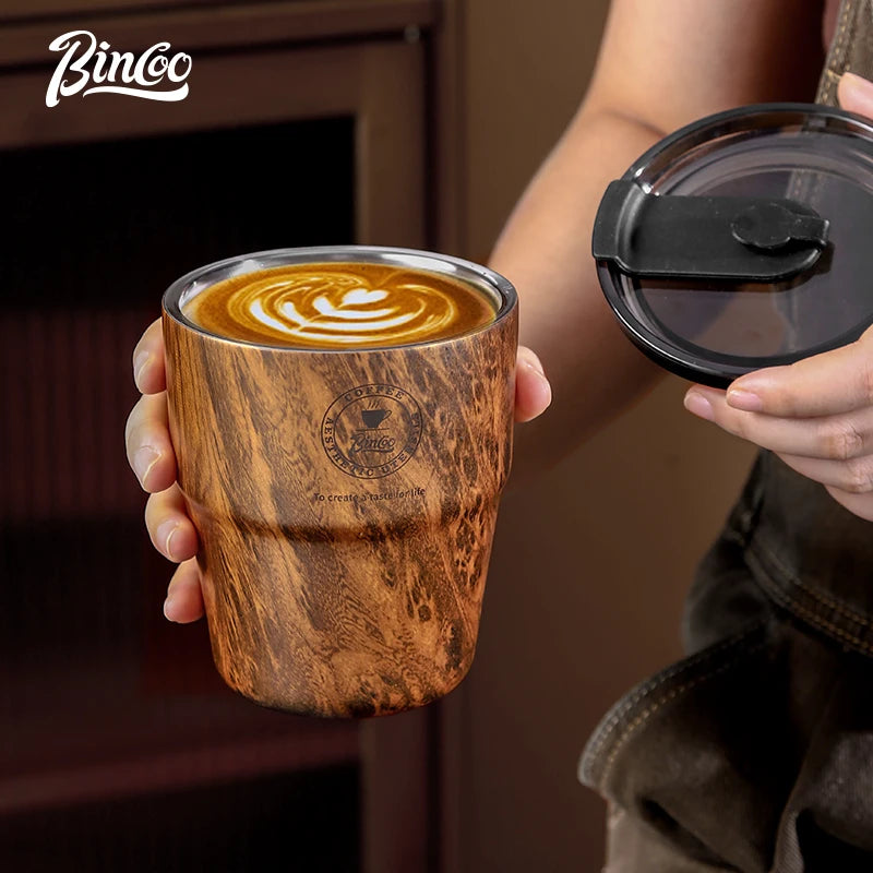 Bincoo wood grain coffee mug american style portable thermal cup retro stainless steel water for home and office