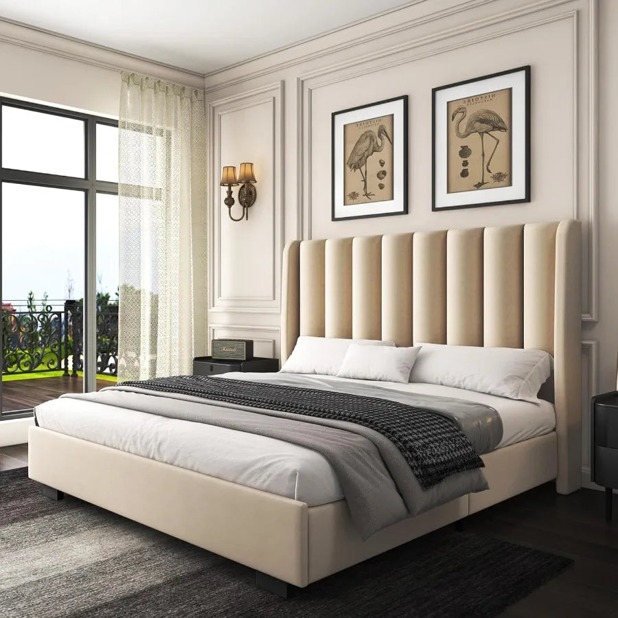 Queen size lift up storage bed frame with 51 tall headboard upholstered velvet wingback tufted design wood slats port