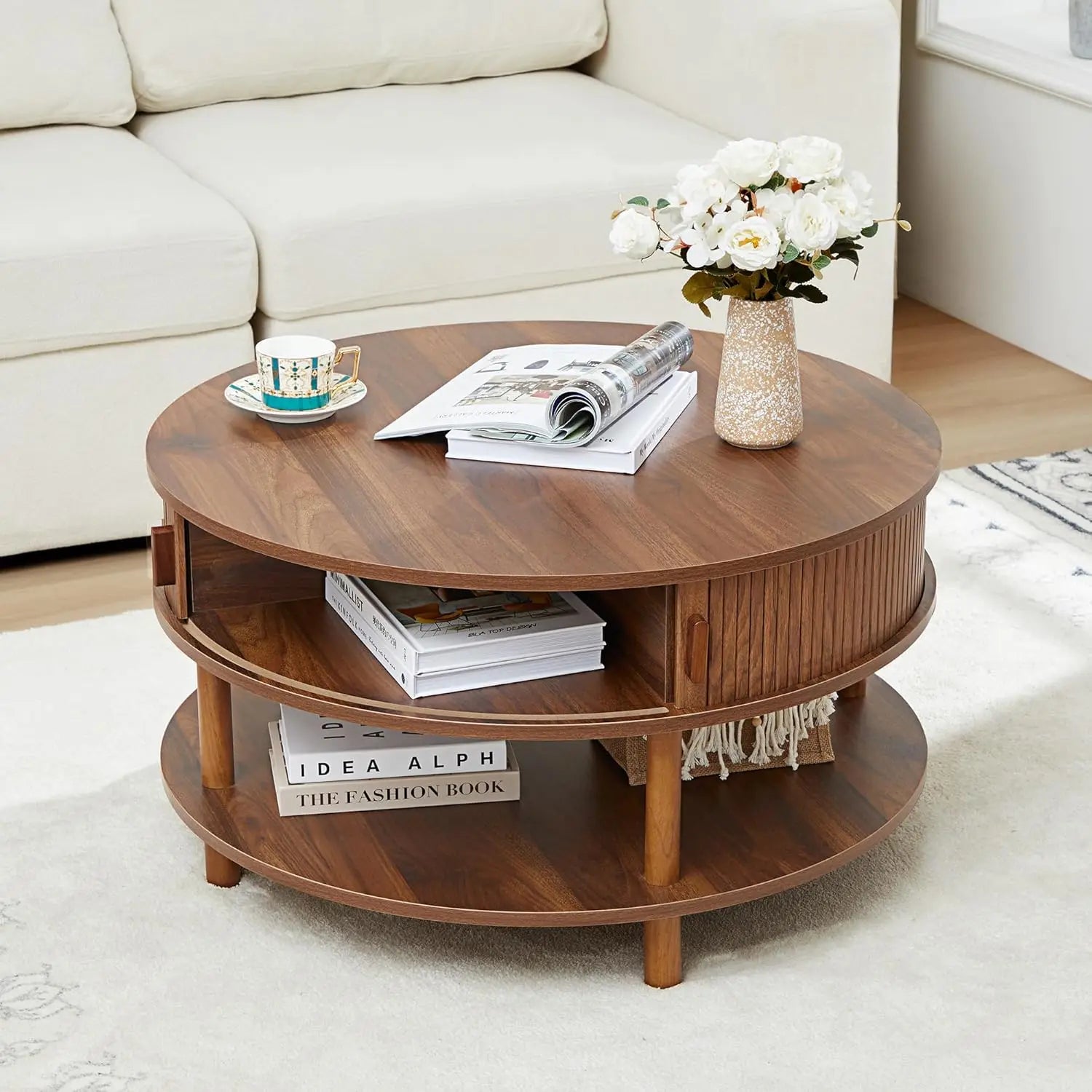 31.5” round coffee table with storage mid century modern 2 tier tambour sliding door solid wood legs fluted - 31.5