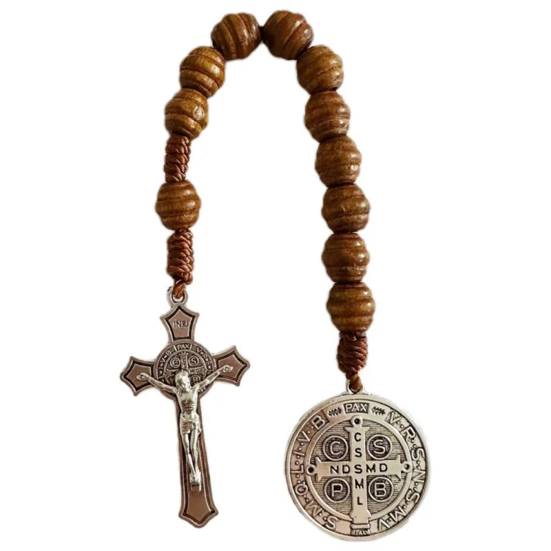 Saint benedict medal prayer pocket rosary catholic brown wood beads with medalla de san benitol and crucifix 9