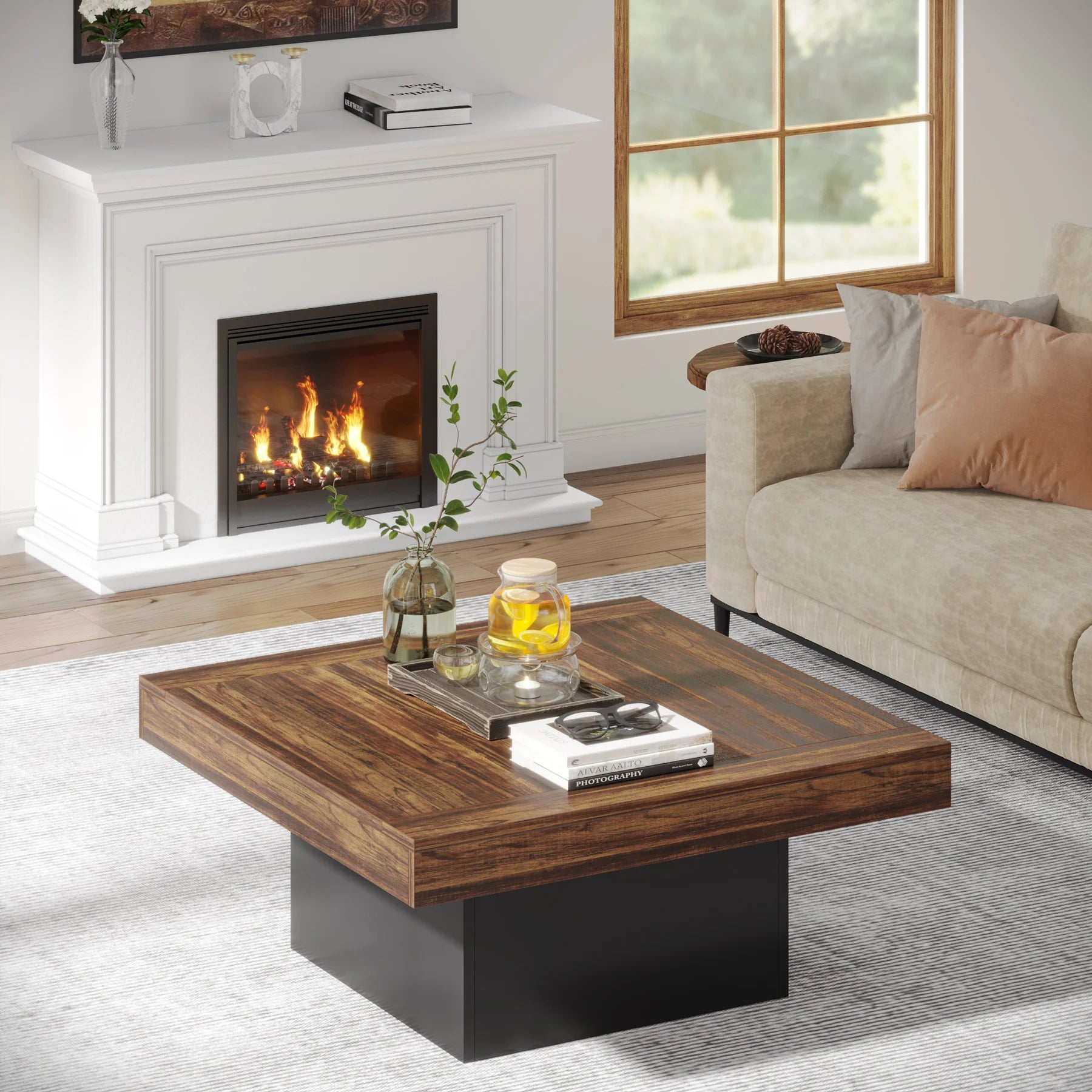 Tribesigns coffee table square led engineered wood low for living room rustic brown & black - united states