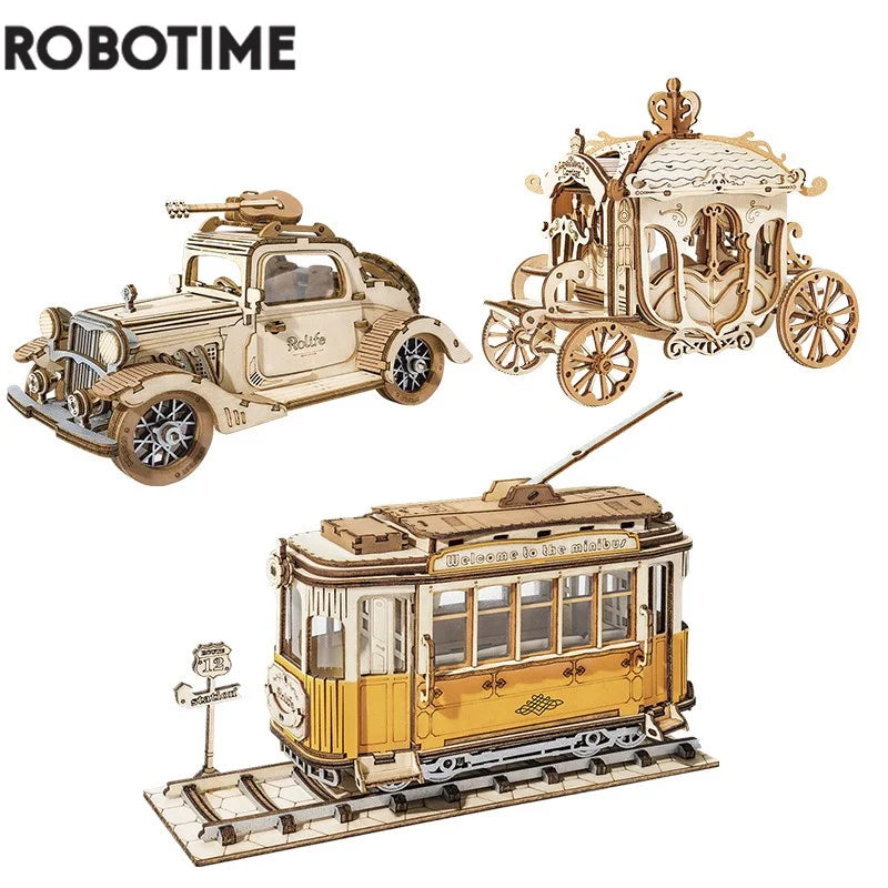 Robotime 3 kinds diy 3d transportation wooden model building kits vintage car tramcar carriage toy gift for children
