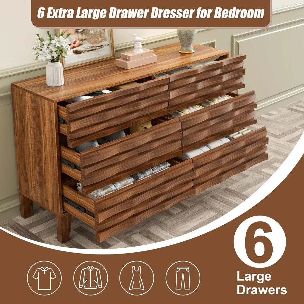 Solid wood face 6 drawer dresser,mid century modern dresser with chest,flutted chest of drawers moire patten