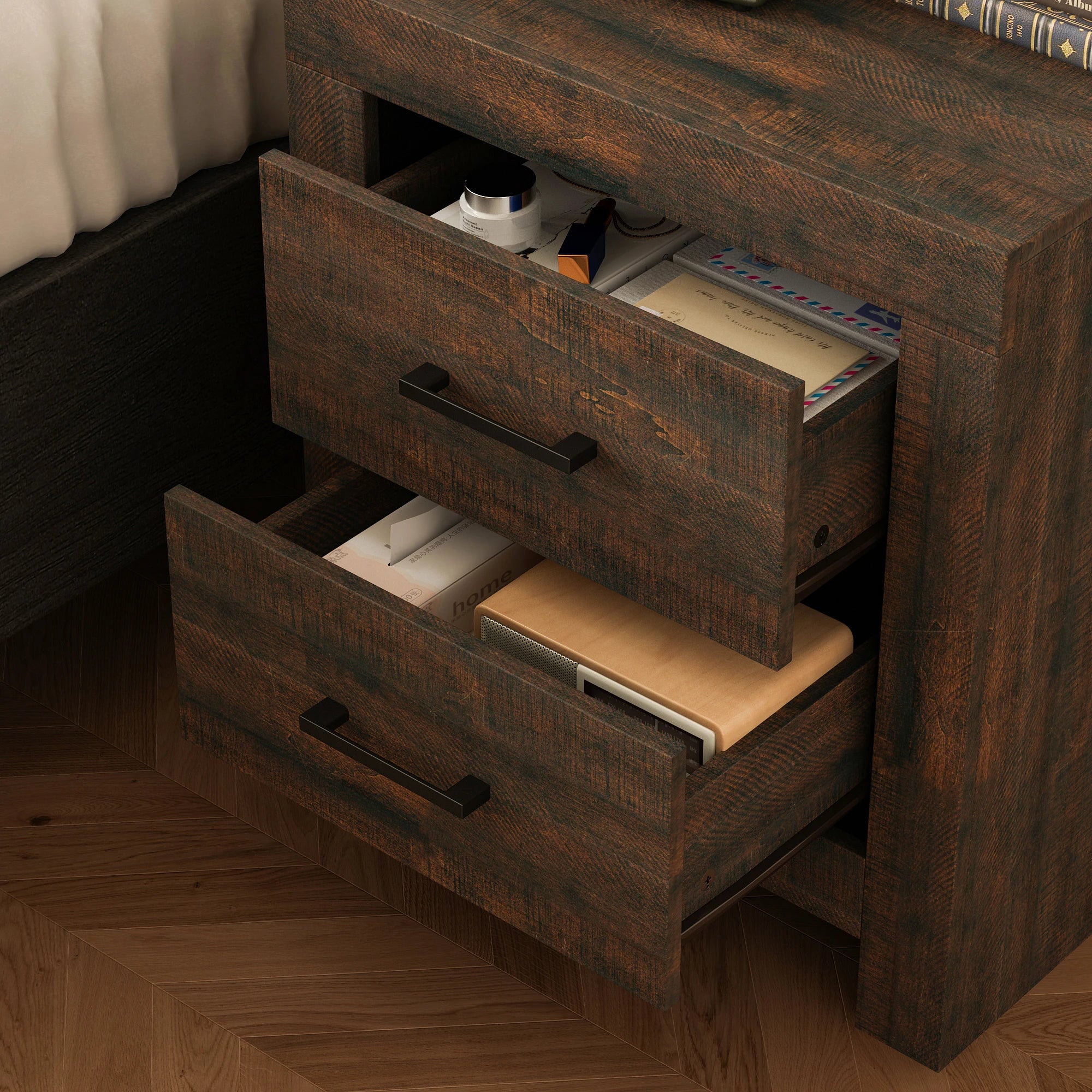 Fufu&gaga 2-drawers bedroom nightstand with spacious top bedside table metal handles for living room brown wood grain