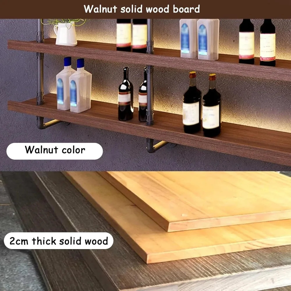 Large 3-tier wall-mounted solid wood wine rack with led lighting for liquor bottle display and storage - united states