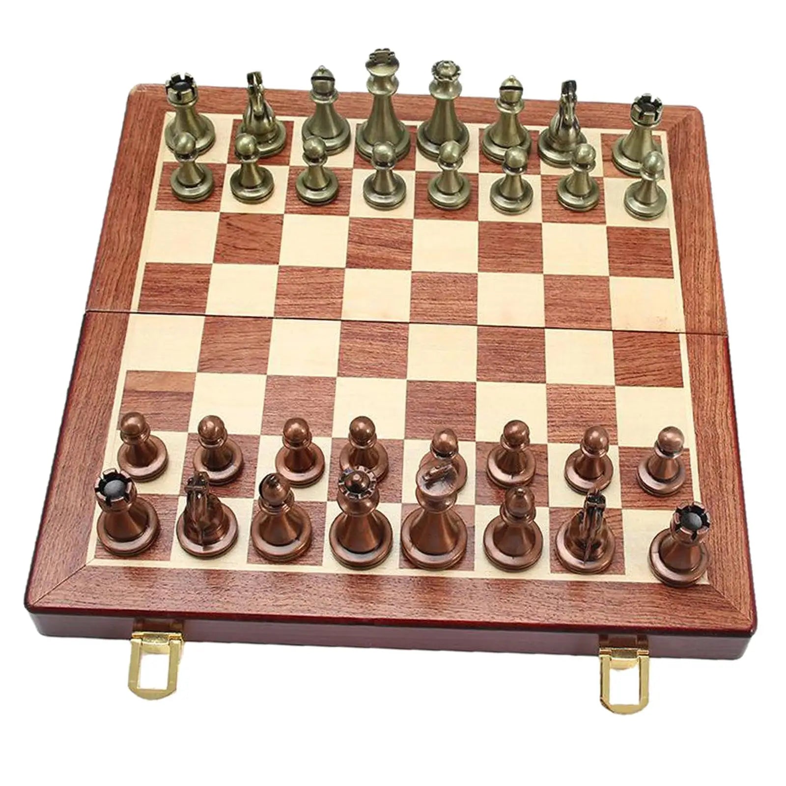 Elegant metal chess set with folding chessboard storage board