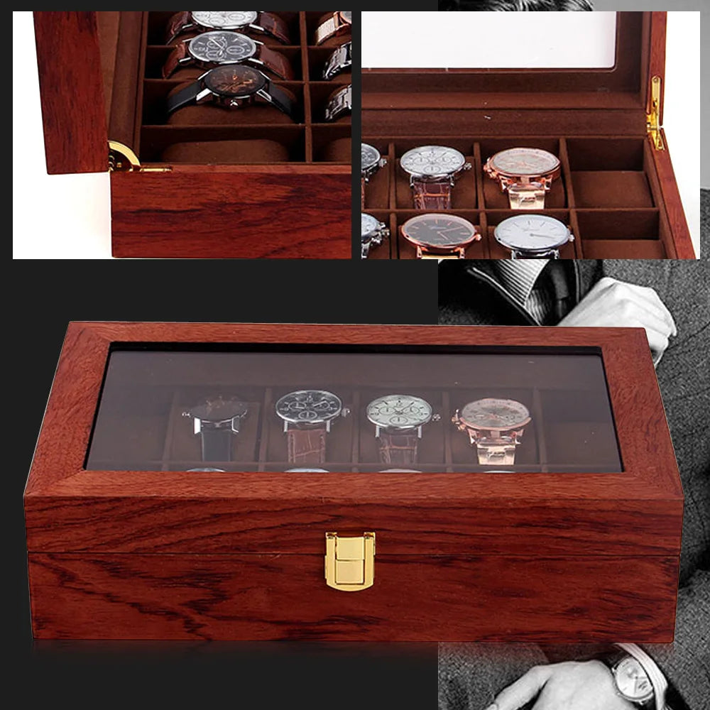 Wooden watch storage box with 12 slots rosewood grain finish soft velvet cloth lining perfect display case for watches