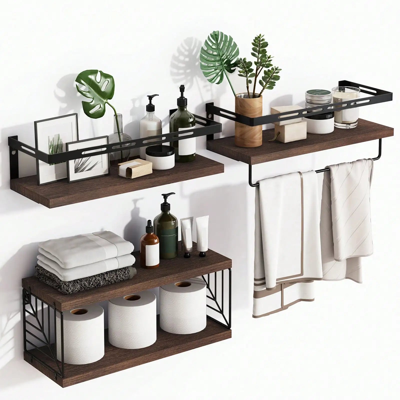 3 + 1 tier wall mounted bathroom shelves over toilet,rustic wood floating with metal frame towel bar