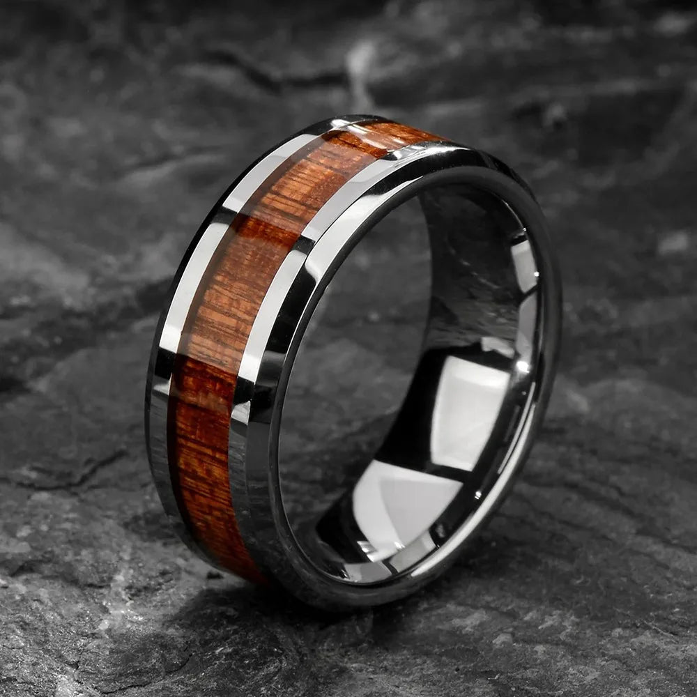 Fashion 8mm men black titanium wedding rings koa wood inlay stainless steel for band anniversary birthday gift - ring