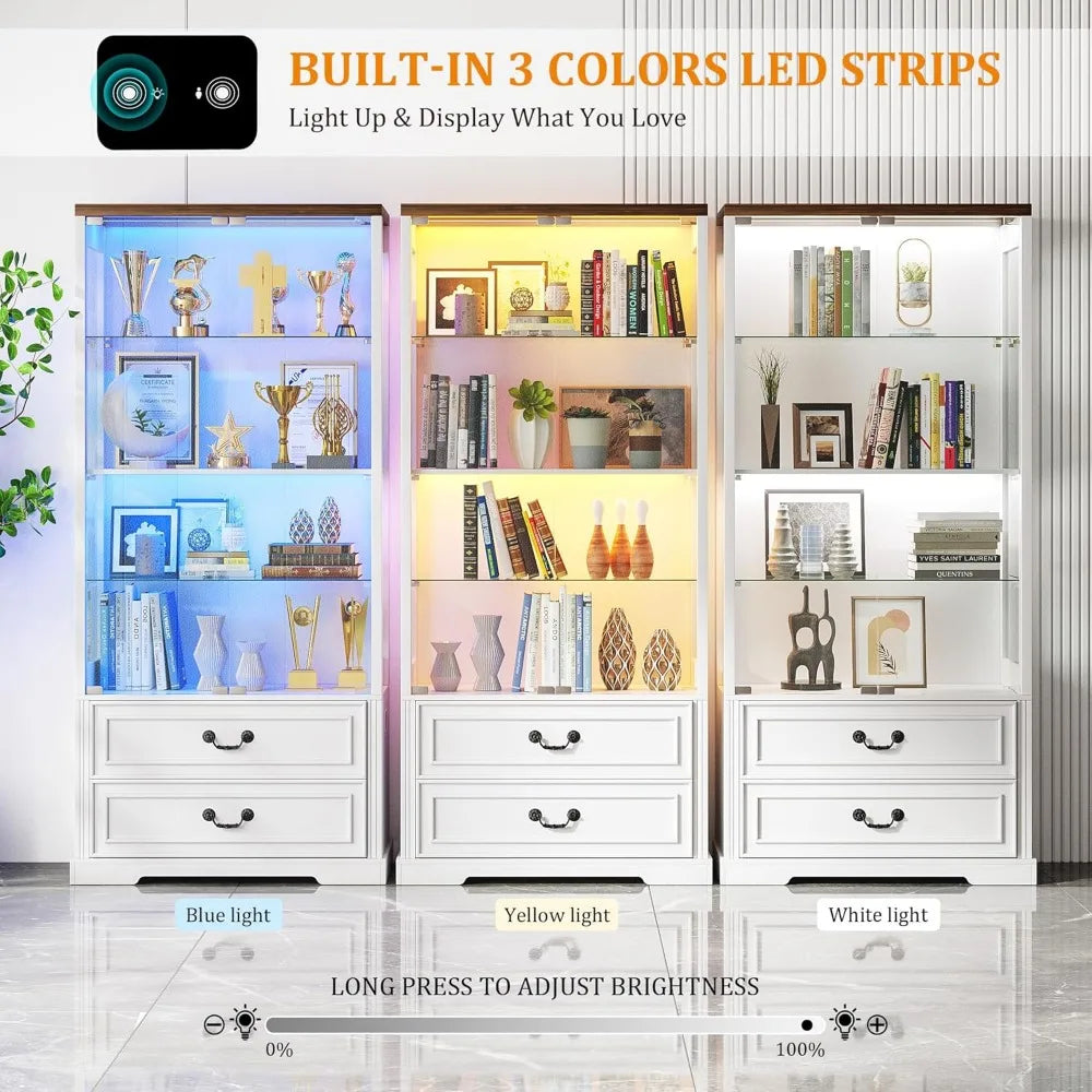 Display cabinet with glass doors,67’’ adjustable shelf 2 drawers and 4 tier curio cabinet,tall bookcase 3 color