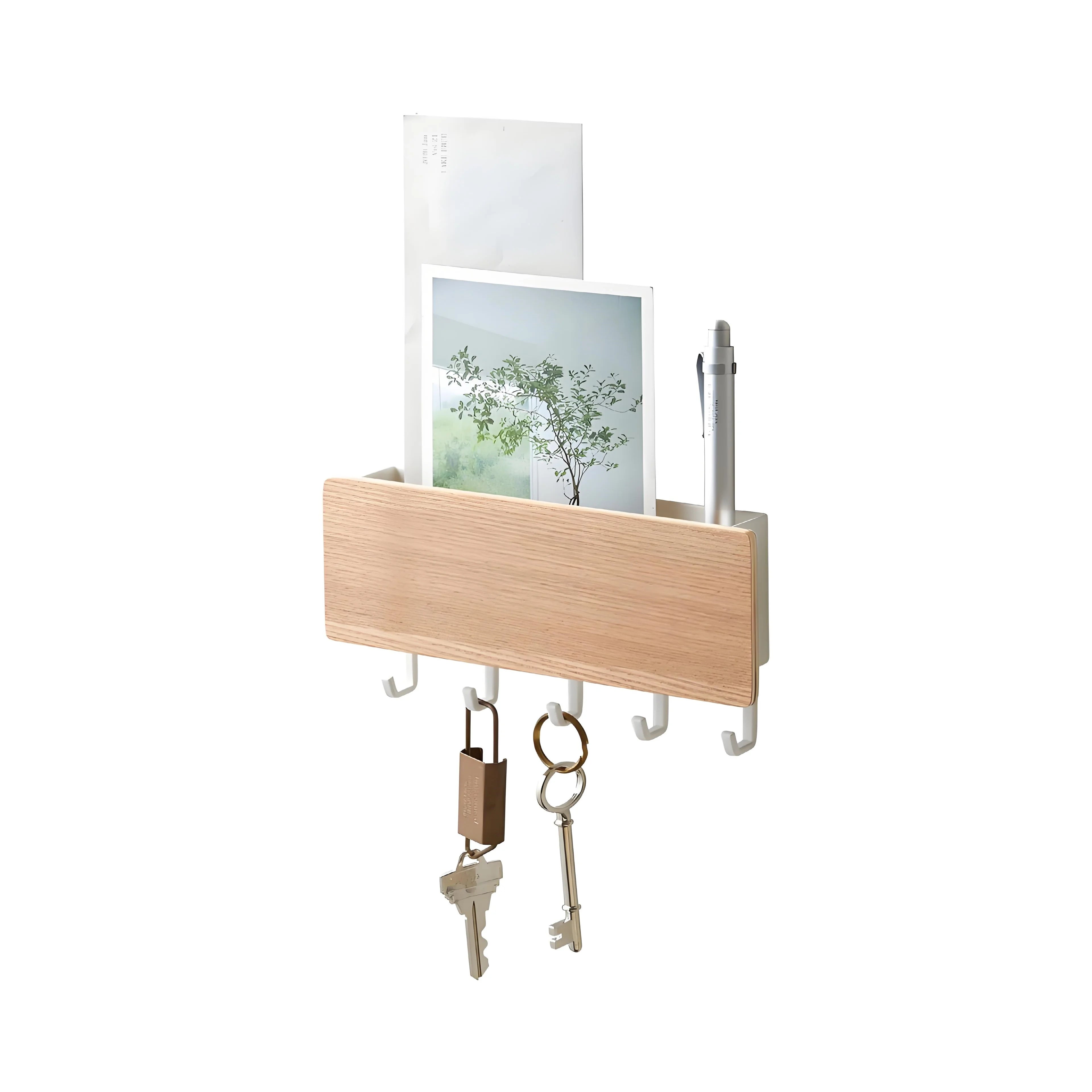 Rustic wall mount key holder organizer | wooden shelf with hooks for entryway storage | farmhouse decor mail & sundries