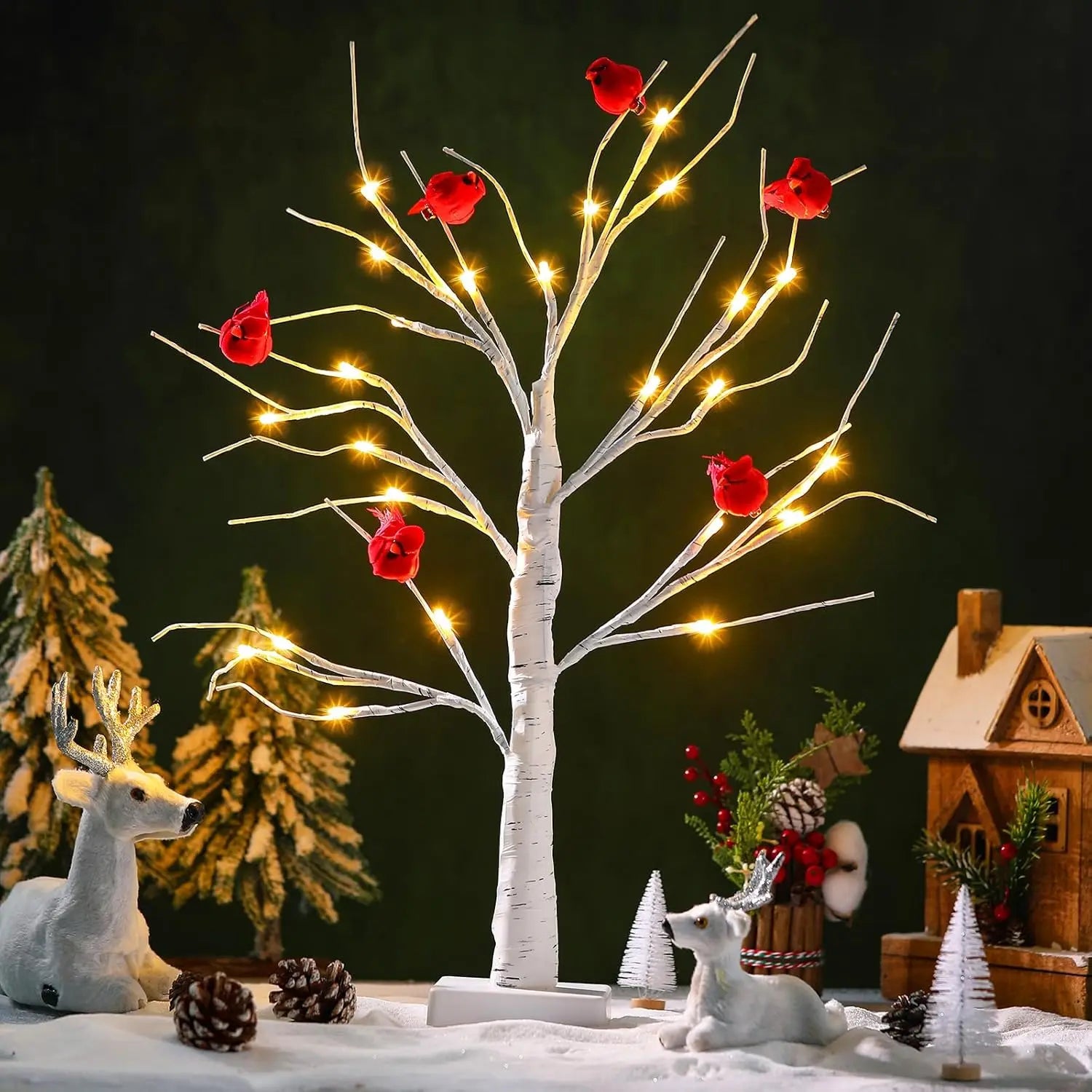 2 pcs ft lighted birch tree with 12 cardinals led battery-powered christmas table decor - united states / 0.6m