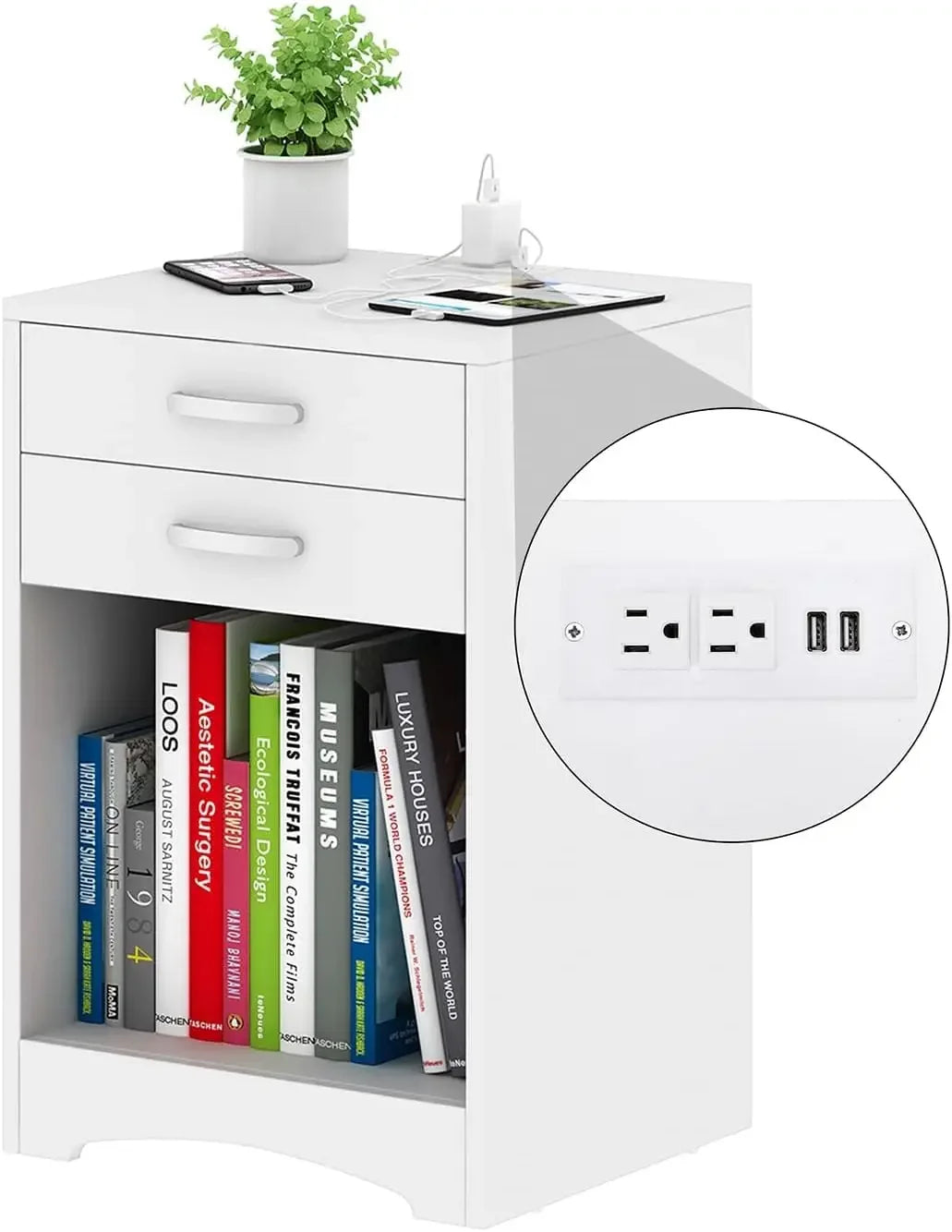 White nightstand with charging station 2 drawer bedroom wood sofa side table end usb ports and storage for small kids
