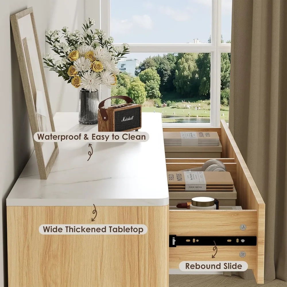 Fluted 6 drawers dresser for bedroom,52’’ wide handleless chest of with faux marble top wooden tv stand wood dr