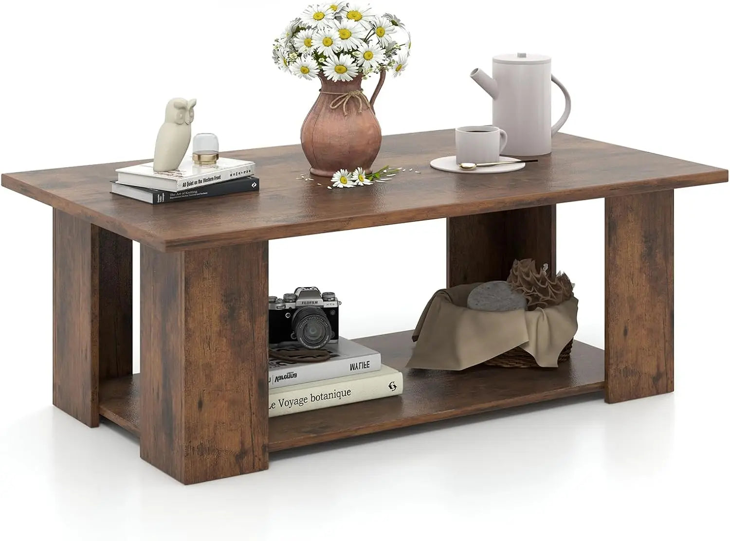 2-tier coffee table modern rectangular center cocktail with 5 support legs wooden accent living room furniture - rustic