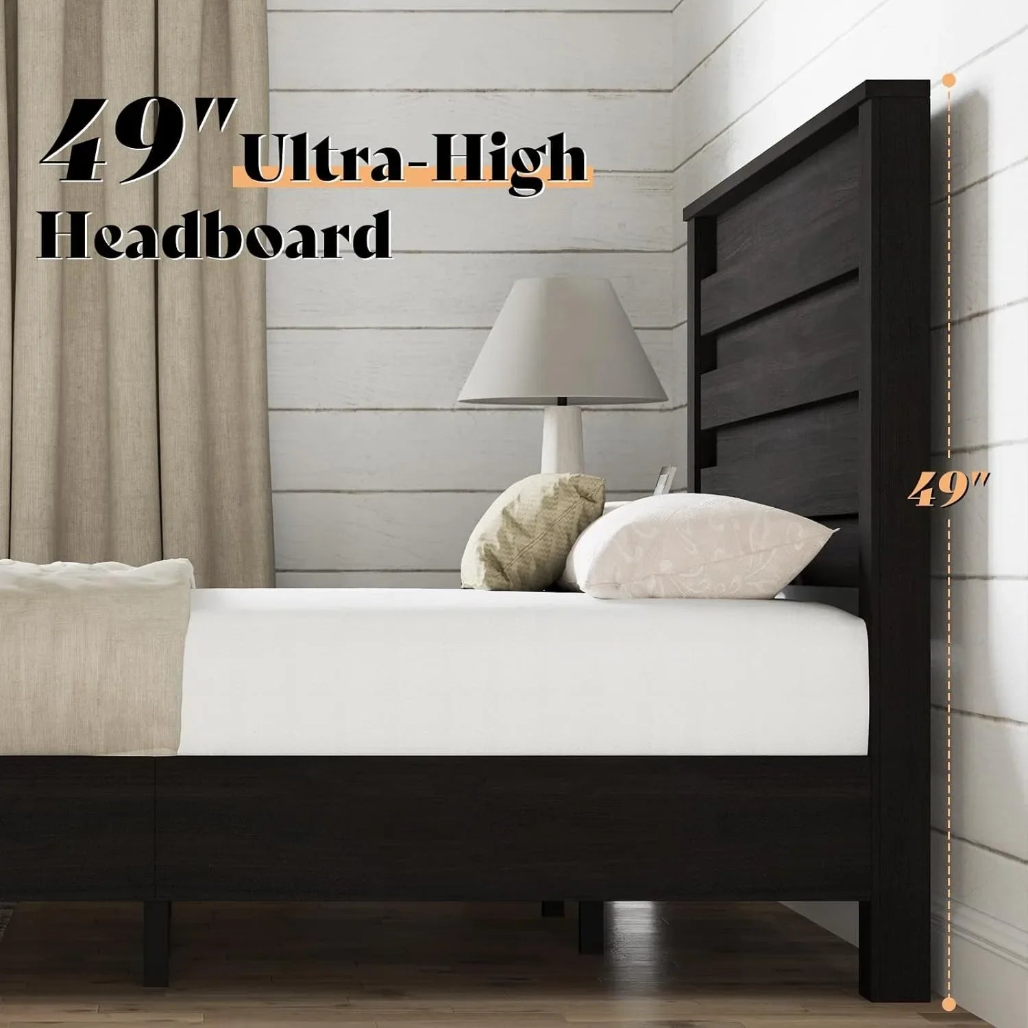 Farmhouse queen size bed frame with 49’’ tall headboard platform natural wood grain no box spring needed/noise free
