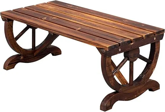 Outvita wooden garden bench outdoor rustic wagon wheel with carbonized finish & fir construction for porch backyar