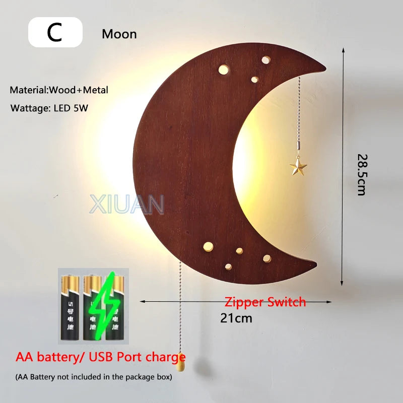 Retro butterfly wall lamps with pull cord switch cloud balloon moon wooden sconces battery charge wireless light - c