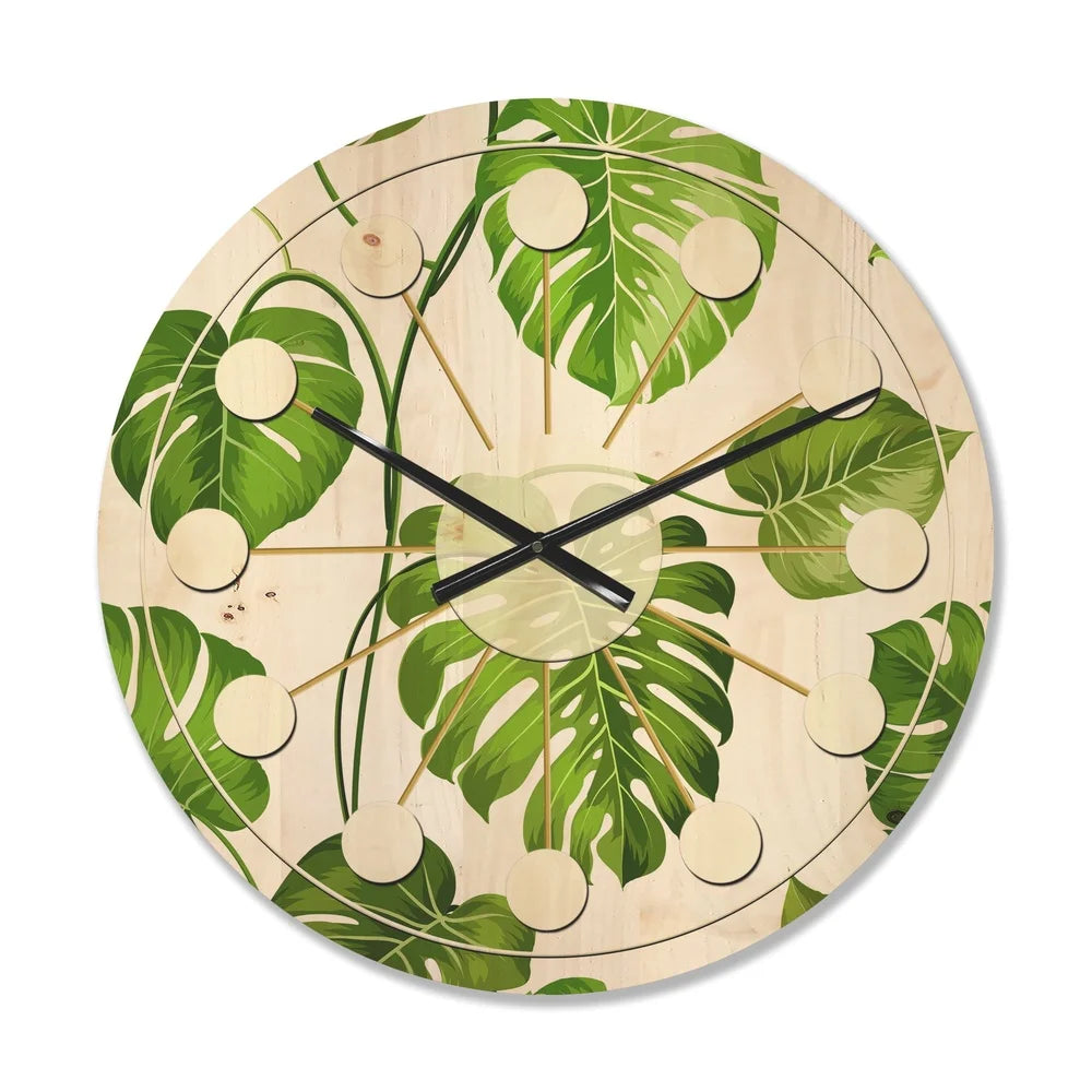 Mid century modern wood wall clock tropical leaves art print ready to hang natural pine unique home decor battery
