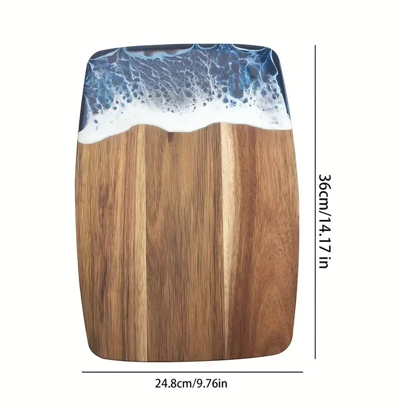Acacia wood cutting board with resin wave & sea epoxy ocean pan for kitchen meal prep serving tray cheese cutting - f