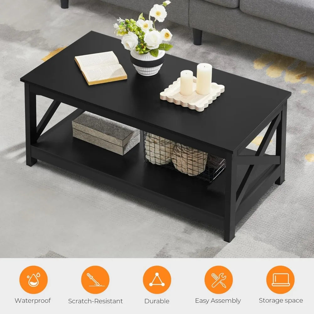 Wood coffee table with storage shelf for living room x design accent cocktail easy assembly home furniture - black