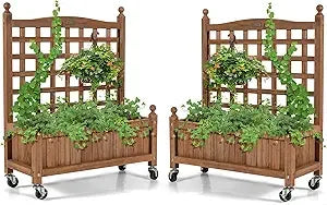 Giantex set of 2 mobile plant raised bed wood planter with lattice trellis and wheels flower box for climbing vertical