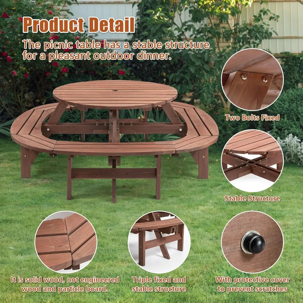 10-person solid wood picnic table outdoor round and bench set with umbrella hole outside wooden chairs s