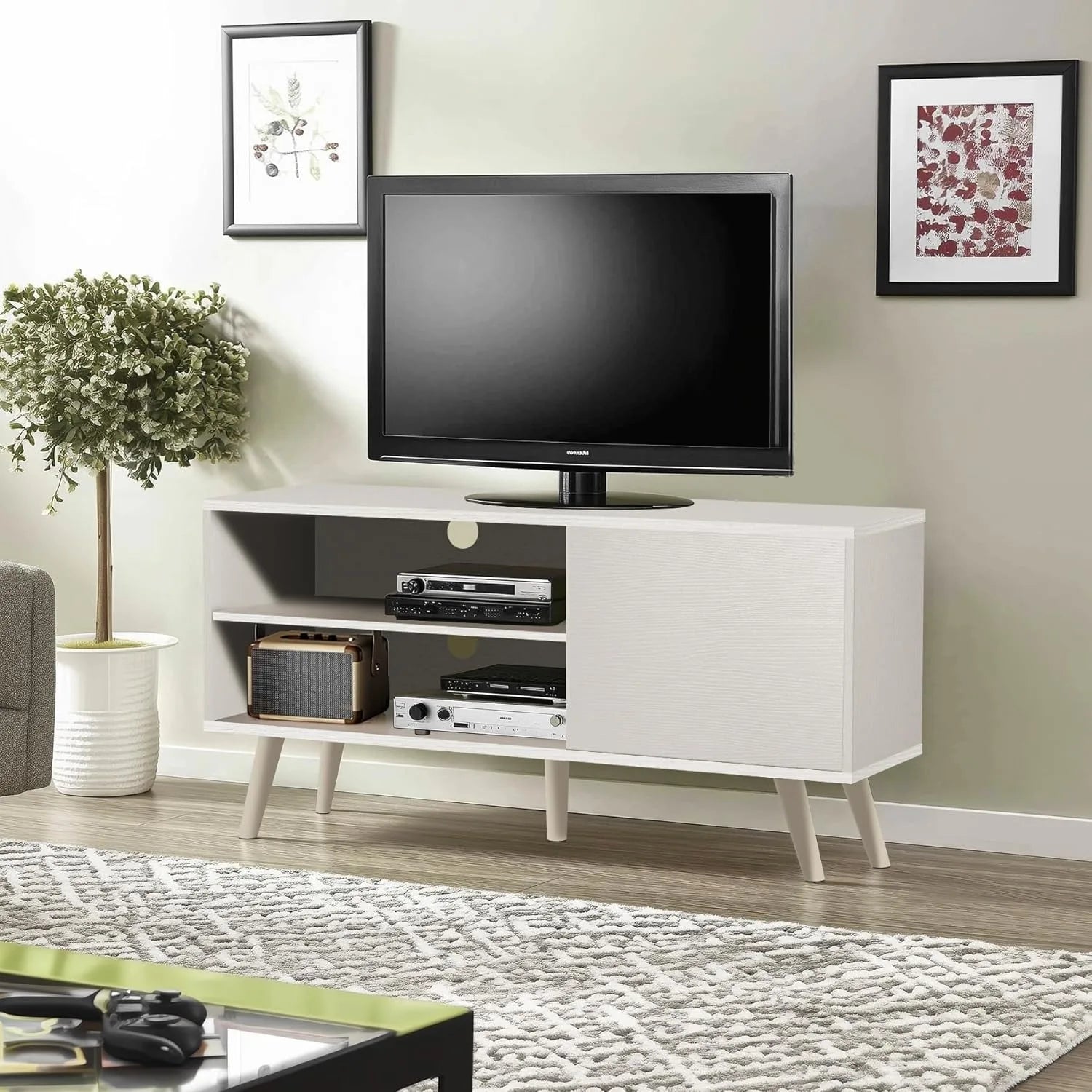 White wood television stand 1 cabinet modern entertainment center with storage for bedroom