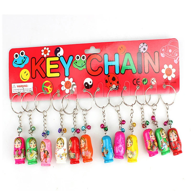 60pcs nesting dolls wooden keychain doll russian matryoshka key ring unpainted christmas tree set - mix colors - chain